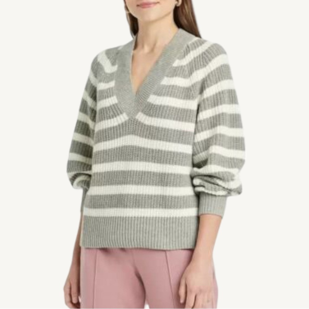 Women's Striped V-Neck Pullover Sweater - A New Day Gray Striped XS